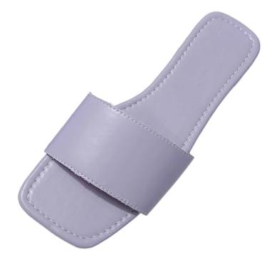 Imagem de Sandálias rasteiras femininas casuais primavera verão praia cor sólida bico quadrado design aberto, Roxa, 36