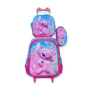 Imagem de Kit Mochila Stitch Rosa em 3D com Rodinhas + Lancheira Térmica + Estoj
