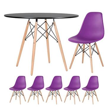 Imagem de Loft7, Kit - Mesa redonda Eames 100 cm preto + 5 cadeiras Eiffel Dsw Roxo