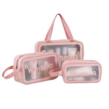 Imagem de SDLAJOLLA Necessaire transparente, grande capacidade, 3 peças, à prova d'água, bolsa de cosméticos translúcida, fosca, portátil, bolsa de armazenamento para viagem para meninas e mulheres