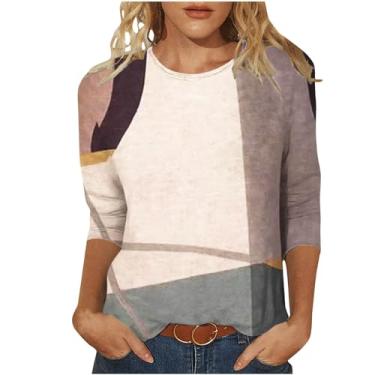 Imagem de Blusas femininas gola redonda manga 3/4 color block sol geometria ajuste relaxado camisas longas outono verão 2024, W-962 multicolorido, M
