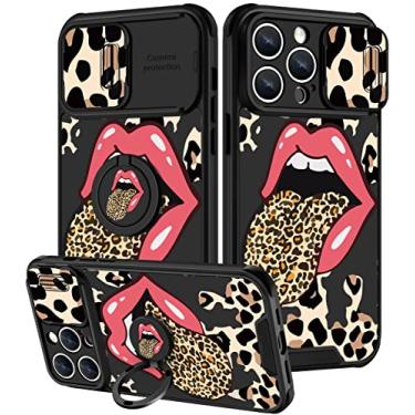 Imagem de Goocrux (2 em 1 para iPhone 14 Pro Capa com estampa de leopardo para mulheres e meninas Capa de telefone com estampa de onça fofa design de animal com capa de câmera deslizante + suporte de anel capas de lábios vermelhos legais para iPhone 14Pro 6,1 polegadas
