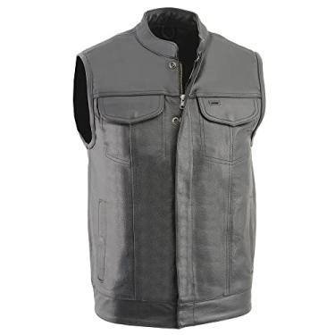Imagem de SOA Colete masculino básico de couro para motociclista com 2 bolsos internos para armas e versões sem colarinho (3GG, com gola), Preto, 3G
