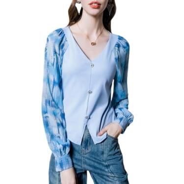 Imagem de Yueary Camiseta feminina de chiffon gola V Tie-Dye Slim Fit Wrap Blusa manga bufante elegante camisa de trabalho, Azul, XG