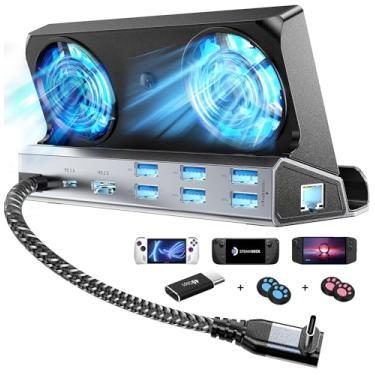 Imagem de Estação de ancoragem a vapor 9 em 1 para ventiladores de resfriamento duplos Steam Deck/Rog Ally/Switch/Legion Go 4 K a 60 Hz, 6 portas USB, 1000 Mbps, adaptador tipo C 100W PD 40 Gbps