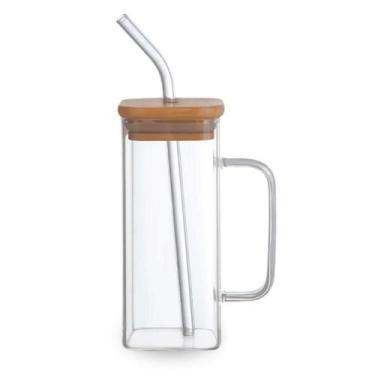 Imagem de Caneca de Vidro Borossilicato com Canudo e Tampa de Bambu 300ml - Maje