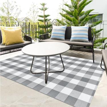 Imagem de Tapete xadrez Buffalo para pátio ao ar livre, 1,2 x 1,8 m, tapete xadrez de algodão, cinza e branco, tapete lavável para sala de estar, sala de jantar, quarto, casa de fazenda
