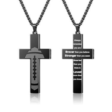 Imagem de Yifnny Colar masculino com cruz de futebol americano, versículo bíblico de aço inoxidável, fé religiosa, escrituras cristãs, pingente, corrente cruzada, primeira comunhão, batismo, joias esportivas,