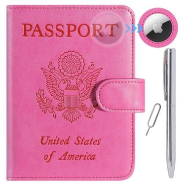 Imagem de Capa Porta-Passaporte com AirTag e Bloqueio RFID - Couro - Rosa (118)