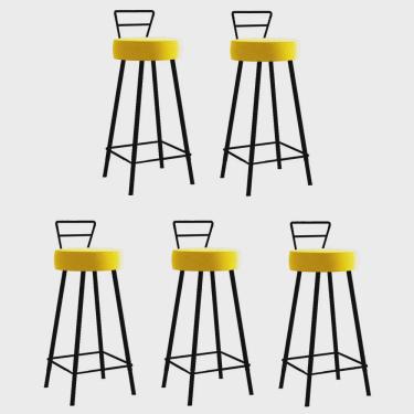 Imagem de Kit 05 Banqueta Alta Com Encosto Tina Eiffel Cozinha Bar Bistrô Ferro Preto Suede Amarelo - Ahz Móveis