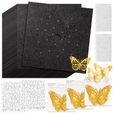 Imagem de Kit de decoração de boné de formatura, 15 peças de papel de construção de cartolina com glitter para boné de graduação com 3 pacotes de adesivos de borboleta, 2 folhas de adesivos de strass, 2 folhas