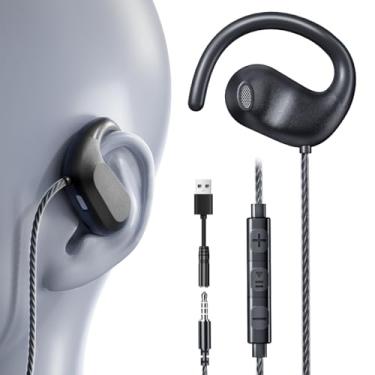 Imagem de Fones de ouvido com fio de 3,5 mm com fio USB | Fones de ouvido abertos com microfone | Fones de ouvido de corrida com gancho giratório e controle de volume | Plug-in com fio para telefones