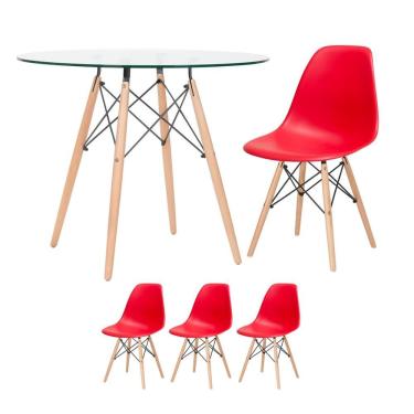 Imagem de Mesa Redonda Eames Com Tampo De Vidro 90 Cm + 3 Cadeiras Eiffel Dsw Vermelho