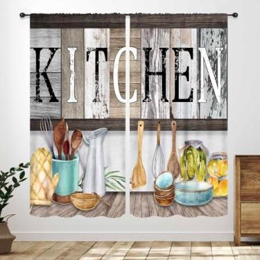 Imagem de Cortinas rústicas de cozinha, country vintage Farmhous garfo e colher tábua de tábua de madeira tema de cozinha com bolso para varão camadas de cortina para café, sala de estar, quarto, tratamento de