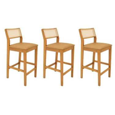 Imagem de Kit 3 Banquetas Viena Tela Sextavada Madeira Maciça Cinamomo Estofado 