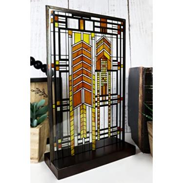 Imagem de Ebros Frank Lloyd Wright Autumn Sumac Stained Glass Art Metal Framed Hanging Wall Decor Or Desktop Plaque Susan Lawrence Dana House Window Architectural Home or Office Decorative Accent 10" by 6.5"