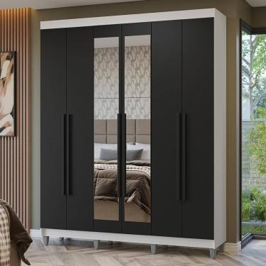 Imagem de Guarda-Roupa Casal com Pés 6 Portas Batentes com Espelho Branco/Preto/Preto Netuno Madesa