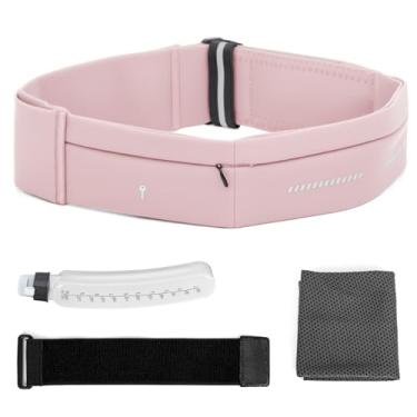 Imagem de Lsnisni Cinto de corrida fino para homens e mulheres, pochete de corrida com garrafa de água e toalha, pochete com vários bolsos - suporte de telefone, ajustável para corrida, escalada - médio - rosa