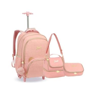 Imagem de Kit Mochila Rodinha Orelha Gatinho Juvenil Escolar Meninas (ROSA)