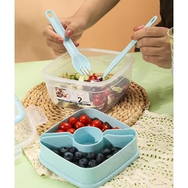 Imagem de 1 caixa de salada azul de camada dupla com garfo e recipiente de molho caixa de cereais em movimento - 800 ml, perfeita para café da manhã, passeios e piqueniques! Azul