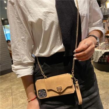 Imagem de Capa de telefone porta-cartões crossbody para iPhone 11 12 13 14PRO MAX MINI XS XR 7 8 PLUS SE 2020 Capa carteira com corrente longa de ombro, marrom escuro, para iPhone 7 ou 8