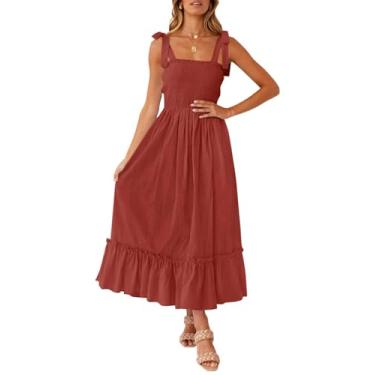 Imagem de ZESICA Vestido longo maxi feminino 2025 verão boho alças finas gola quadrada cor sólida babados linha A praia, Ferrugem, G