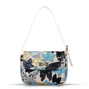 Imagem de Bolsa de mão feminina, bolsa de praia bordada com lantejoulas, bolsa de palha tecida à mão, bolsa de ombro boêmia, bolsa para axilas adequada para viagens de férias diárias (flores azuis marinho)