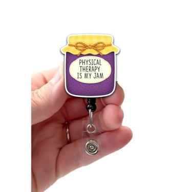 Imagem de Physical Therapy is My Jam Badge Reel acrílico, suporte de crachá PT, emblema de fisioterapeuta, clipe de jacaré giratório com cordão retrátil