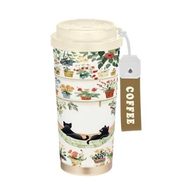 Imagem de SEHANY Caneca de viagem de gato gatinho fofo de 482 g xícaras de café reutilizáveis revestidas de cerâmica com tampa à prova de vazamento, parede dupla, isolamento a vácuo, copo de café de aço