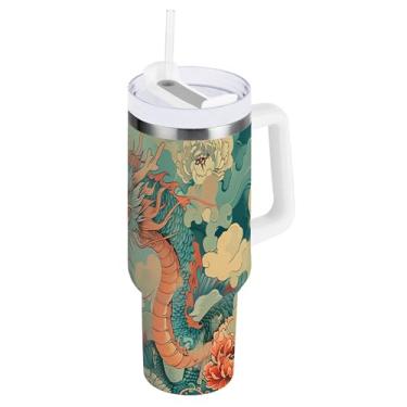 Imagem de xigua Copo vintage com estampa de dragão 1,134 g com tampa e canudo, aço inoxidável de vácuo duplo isolado garrafa de água esportiva suporte para copo de café de viagem à prova de vazamento para