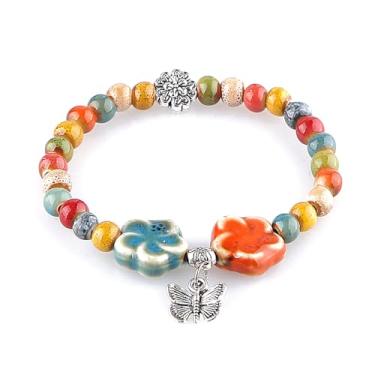 Imagem de KILIPOL Pulseira de contas de cerâmica colorida estilo étnico chinês hippie boêmio, estilo iterário e antigo, joia de praia de verão boêmia, presente de Natal para mulheres (Estilo16