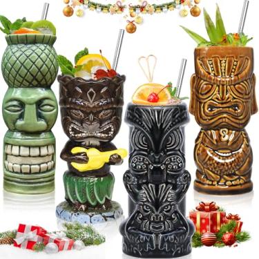 Imagem de Copos Tiki para coquetéis, conjunto de 4 canecas Tiki de cerâmica Tiki Party Cups Bar Decor Creative Tiki Mug Set Grande Copos Havaianos Tiki Decorações de Bar Vintage Tropical Drinkware Bar 4 Pacotes