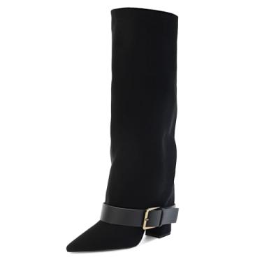 Imagem de GPXGPX Botas de cano alto femininas dobráveis, salto alto grosso, panturrilha, bico fino, fivela de cinto, bota longa para mulheres, Camurça preta, 37
