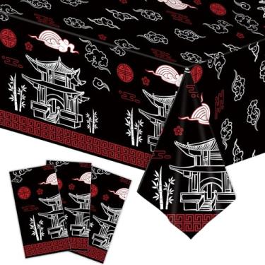 Imagem de Toalha de mesa de plástico Hibachi de 3 peças de 147 × 272 cm – Capa de mesa retangular descartável oriental preta e vermelha para o Ano Novo Chinês, Festa do Ano Novo Lunar, Festival Asiático e