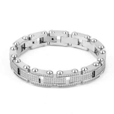 Imagem de Qing Birdee Pulseira masculina de luxo de aço inoxidável, design de corrente de zircão pavé, 13 mm de largura, 21 cm, disponível em prata, ouro, preto, One Size, Aço inoxidável, Sem Pedra Preciosa