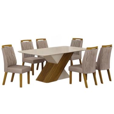 Imagem de Conjunto Sala De Jantar Ilhéus Off White1,80 M Com 6 Cadeiras Pés Em Madeira Leifer Móveis