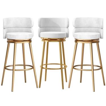 Imagem de Conjunto de 3 bancos de bar estofados, cadeiras giratórias para café da manhã com 65 cm de altura, bancos de cozinha com encosto alto, apoio para os pés de metal preto, branco