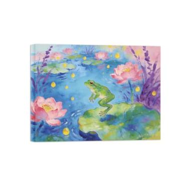 Imagem de BMZFYBS Impressão em tela de arte de parede animal - folhas de lótus de lagoa sapo - pintura de decoração moderna - imagens para casa pronta para pendurar tela embrulhada 60 x 80 cm 24 x 31 polegadas