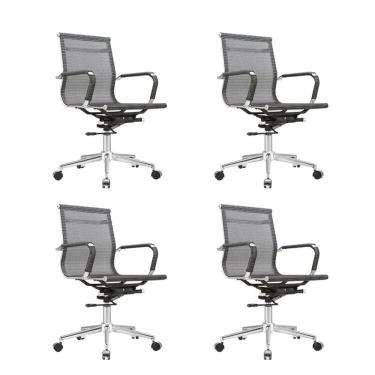 Imagem de Kit 4 Cadeiras para Escritório Diretor Giratória Aço Cromado Sidney Cinza