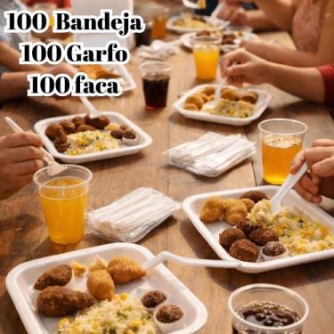 Imagem de Kit Premium Descartável 100 Bandejas b2+ 100 Garfos + 100 Facas Reforç
