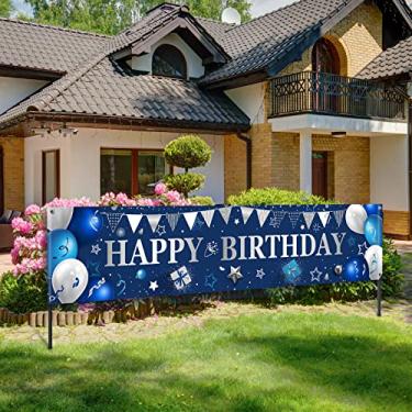 Imagem de Faixa de feliz aniversário para quintal grande azul marinho para uso externo, banner de feliz aniversário, decoração de aniversário prata e branco, pano de fundo para homens e mulheres, artigos de festa de aniversário, ambientes externos e internos