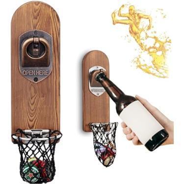 Imagem de LUCYLANKER Abridor de garrafa de cerveja montado na parede com tampa magnética, abridor de garrafas magnético de madeira para geladeira, presentes de cerveja vintage para homens, decoração de caverna