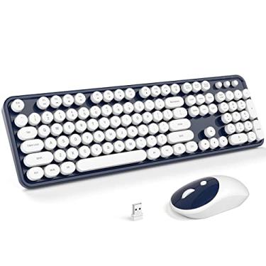 Imagem de KNOWSQT Combo de teclado e mouse sem fio – azul-escuro, branco, tamanho completo de 2,4 GHz, 104 teclas, teclado de máquina de escrever, teclado redondo flexível e mouse óptico para Windows,