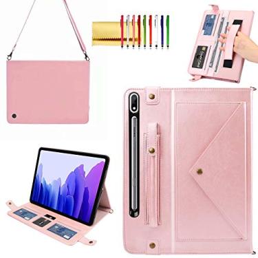 Imagem de Capa para Samsung Galaxy Tab S8 Plus/S7+/S7 FE, Techcircle Smart Folio Stand Capa de couro PU com alça de mão, capa protetora transversal com suporte para caneta slots para cartão envelope, capa carteira de bolso, ouro rosa