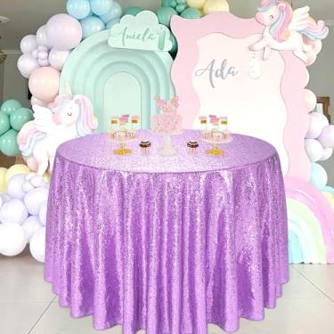 Imagem de QueenDream Toalha de mesa lilás de 272 cm para festa de sereia, toalha de mesa roxa clara redonda lavanda lantejoulas para eventos de casamento e aniversário