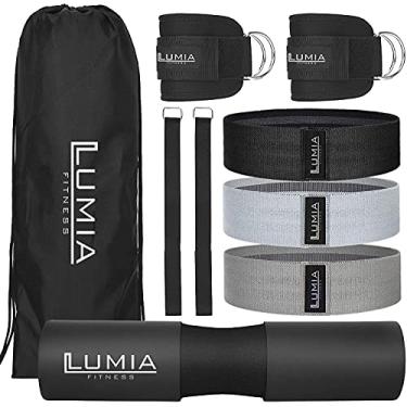 Imagem de Lumia Fitness Kit de treino para glúteos de 7 peças, almofada de agachamento com barra, 3 faixas de tecido resistente, 2 tiras no tornozelo, bolsa de transporte – acessórios de academia para homens e