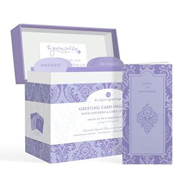 Imagem de Designer Greetings Caixa organizadora de cartões com divisórias e calendário, padrão damasco de lavanda decorativo (24,1 cm x 18,4 cm x 15,2 cm, comporta até 75 cartões comemorativos), roxo - grande (711-00005-0000)