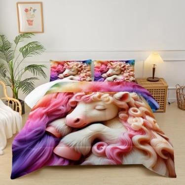 Imagem de lneffble Jogo de cama casal de unicórnio rosa para meninas, unicórnio arco-íris, decoração de quarto de meninas, 1 edredom com 2 fronhas