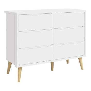 Imagem de Cômoda Infantil Theo 6 Gavetas Branco Fosco Com Pés Madeira Natural - Reller Móveis Branco Fosco
