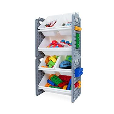 Imagem de UNiPLAY Organizador de brinquedos com 6 compartimentos de armazenamento removíveis, organizador de vários compartimentos para livros, blocos de construção, materiais escolares, brinquedos com moldura de placa de base (cinza)